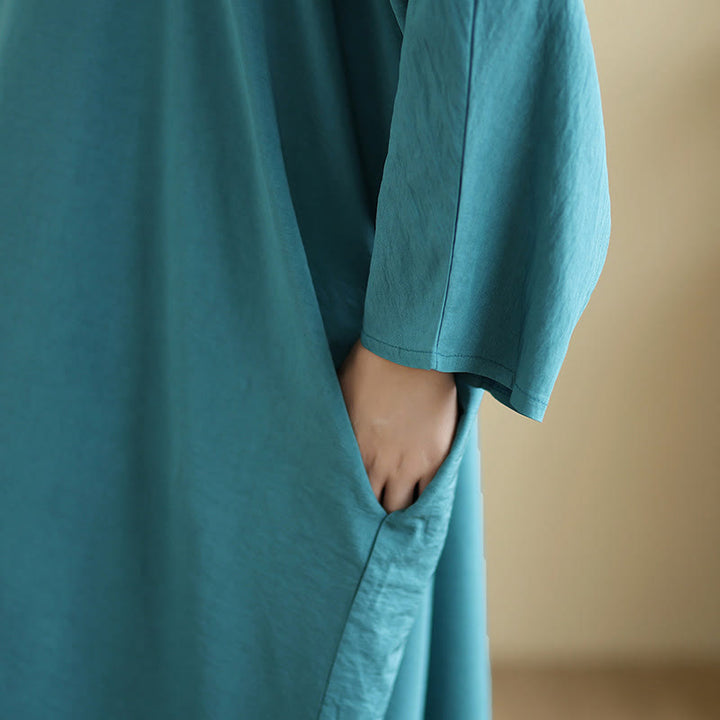 Robe longue décontractée en coton et lin à manches longues et poches, style rétro, couleur unie, motif Buddha Stones - image 23