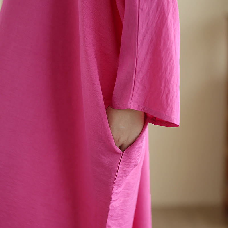 Robe longue décontractée en coton et lin à manches longues et poches, style rétro, couleur unie, motif Buddha Stones - image 29