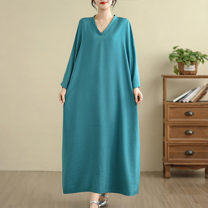 Robe longue décontractée en coton et lin à manches longues et poches, style rétro, couleur unie, motif Buddha Stones - image 15