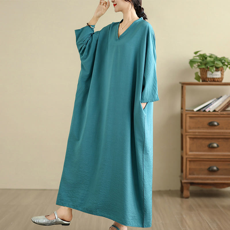 Robe longue décontractée en coton et lin à manches longues et poches, style rétro, couleur unie, motif Buddha Stones - image 18