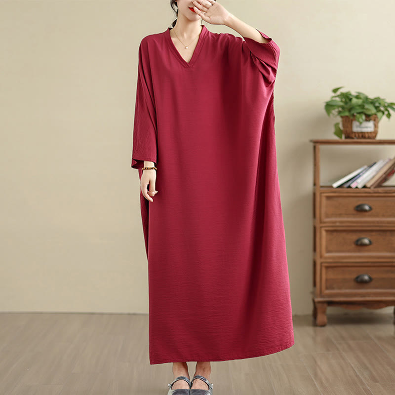 Robe longue décontractée en coton et lin à manches longues et poches, style rétro, couleur unie, motif Buddha Stones - Cramoisi - US4-12, UK/AU8-18, EU36-46(F) - image 31