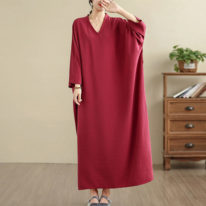 Robe longue décontractée en coton et lin à manches longues et poches, style rétro, couleur unie, motif Buddha Stones - Cramoisi - US4-12, UK/AU8-18, EU36-46(F) - image 31