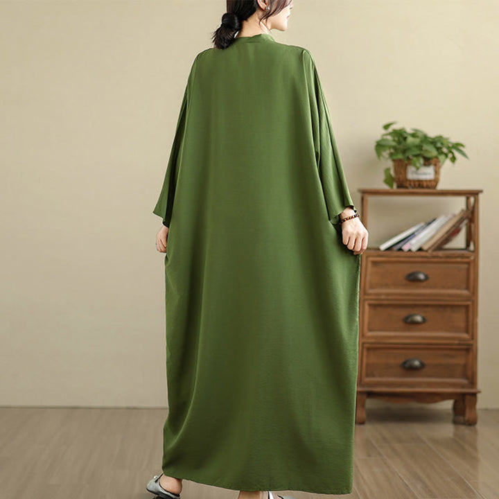 Robe longue décontractée en coton et lin à manches longues et poches, style rétro, couleur unie, motif Buddha Stones - image 4
