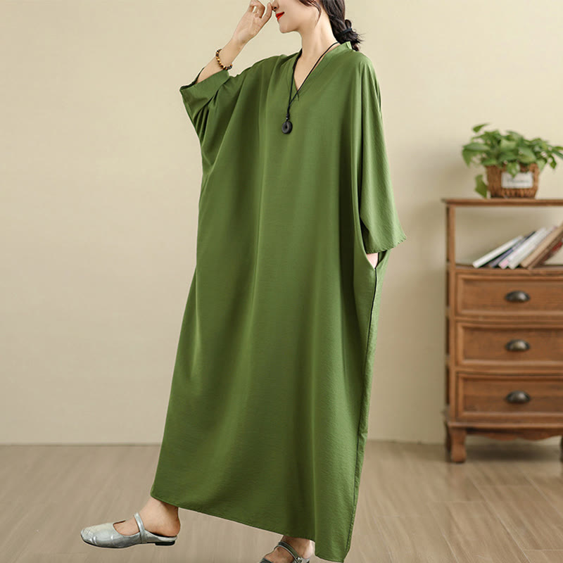 Robe longue décontractée en coton et lin à manches longues et poches, style rétro, couleur unie, motif Buddha Stones - image 5