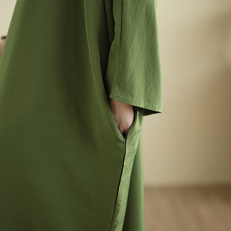 Robe longue décontractée en coton et lin à manches longues et poches, style rétro, couleur unie, motif Buddha Stones - image 9