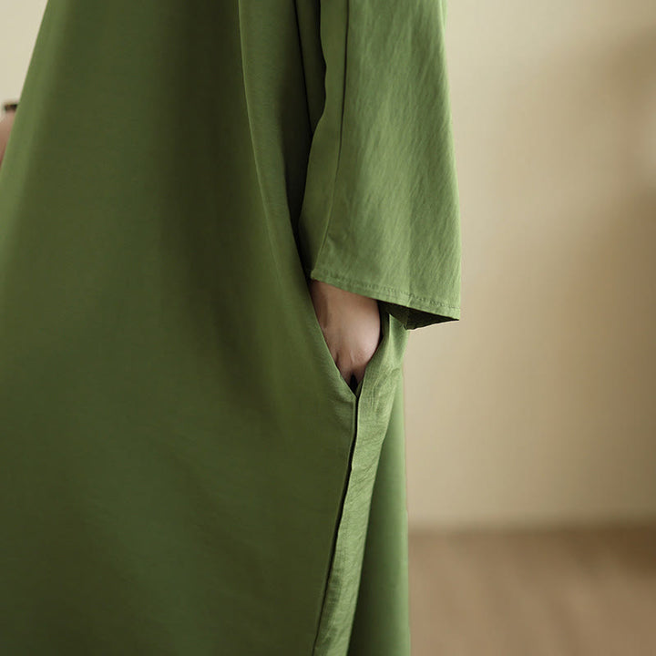 Robe longue décontractée en coton et lin à manches longues et poches, style rétro, couleur unie, motif Buddha Stones - image 9