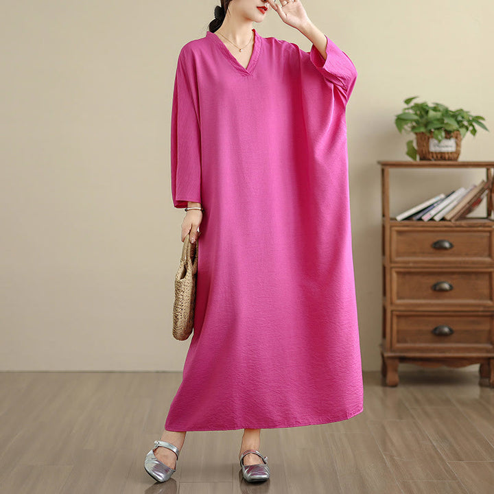 Robe longue décontractée en coton et lin à manches longues et poches, style rétro, couleur unie, motif Buddha Stones - image 28