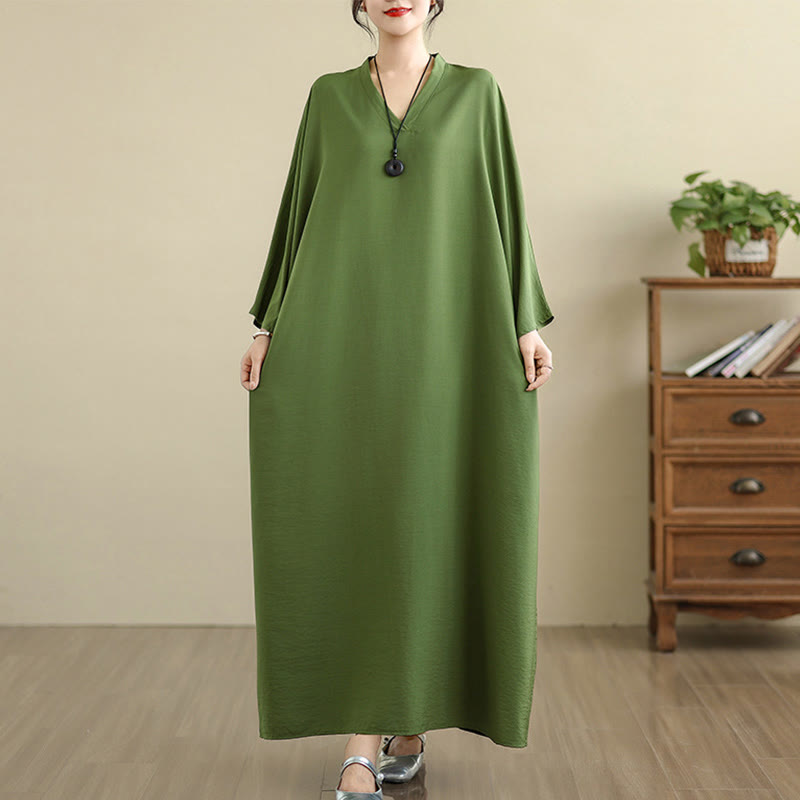 Robe longue décontractée en coton et lin à manches longues et poches, style rétro, couleur unie, motif Buddha Stones - image 3