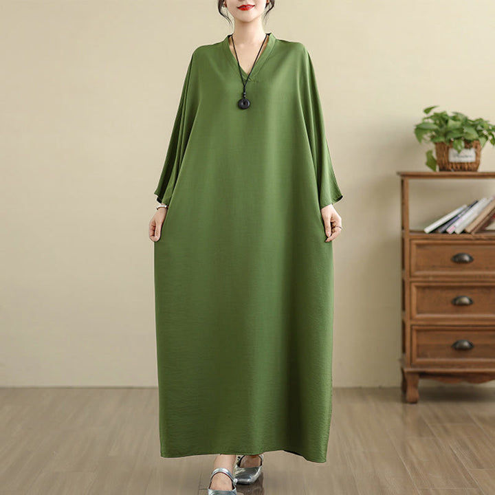 Robe longue décontractée en coton et lin à manches longues et poches, style rétro, couleur unie, motif Buddha Stones - image 3