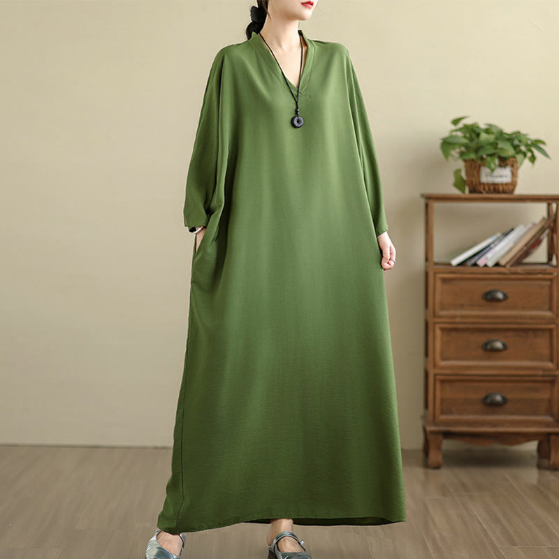 Robe longue décontractée en coton et lin à manches longues et poches, style rétro, couleur unie, motif Buddha Stones - image 7