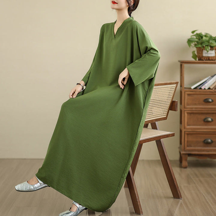 Robe longue décontractée en coton et lin à manches longues et poches, style rétro, couleur unie, motif Buddha Stones - image 8
