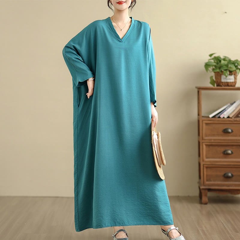 Robe longue décontractée en coton et lin à manches longues et poches, style rétro, couleur unie, motif Buddha Stones - image 17