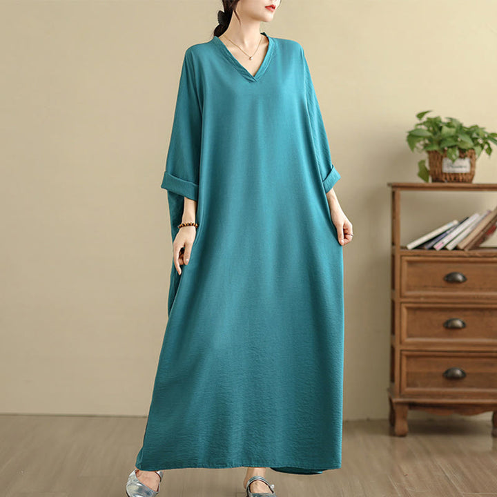 Robe longue décontractée en coton et lin à manches longues et poches, style rétro, couleur unie, motif Buddha Stones - Vert clair - US4-12, UK/AU8-18, EU36-46(F) - image 13