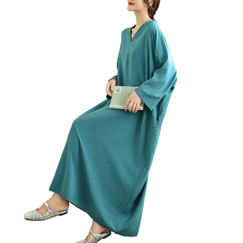 Robe longue décontractée en coton et lin à manches longues et poches, style rétro, couleur unie, motif Buddha Stones - image 25