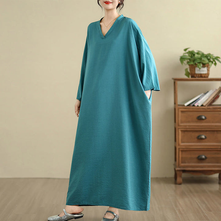 Robe longue décontractée en coton et lin à manches longues et poches, style rétro, couleur unie, motif Buddha Stones - image 16