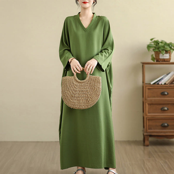 Robe longue décontractée en coton et lin à manches longues et poches, style rétro, couleur unie, motif Buddha Stones - OliveDrab - US4-12, UK/AU8-18, EU36-46(F) - image 1