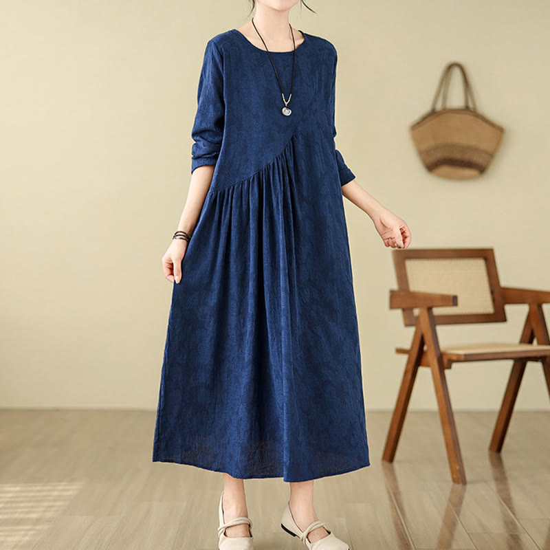 Robe mi-longue en coton et lin à manches longues et poches, motif jacquard uni et irrégulier, motif fleurs et Buddha Stones - Bleu nuit - US8-10，UK/AU12-14，EU40-42 (2XL) - image 0