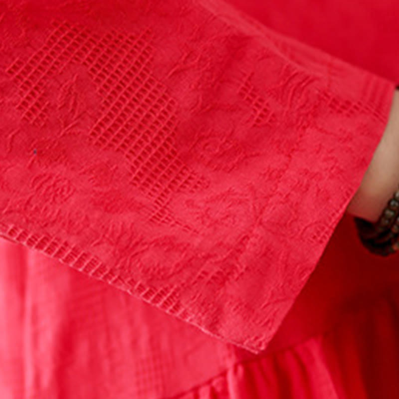 Robe mi-longue en coton et lin à manches longues et poches, motif jacquard uni et irrégulier, motif fleurs et Buddha Stones - image 13