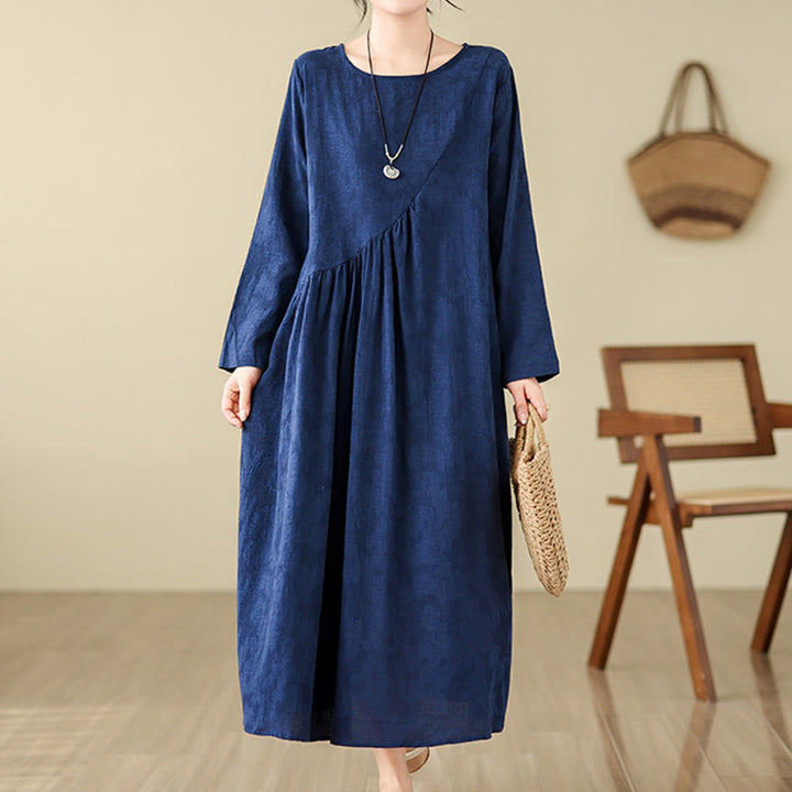 Robe mi-longue en coton et lin à manches longues et poches, motif jacquard uni et irrégulier, motif fleurs et Buddha Stones - image 3