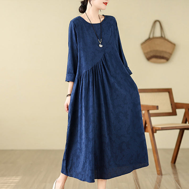 Robe mi-longue en coton et lin à manches longues et poches, motif jacquard uni et irrégulier, motif fleurs et Buddha Stones - image 5