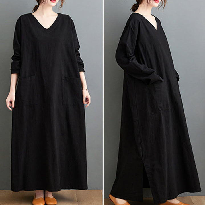 Robe longue décontractée en coton et lin à manches longues avec poches et motif Buddha Stones - image 16