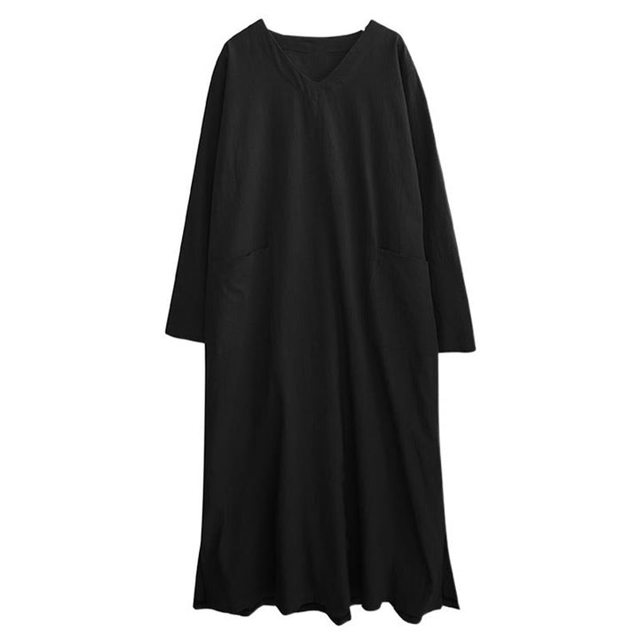 Robe longue décontractée en coton et lin à manches longues avec poches et motif Buddha Stones - image 16