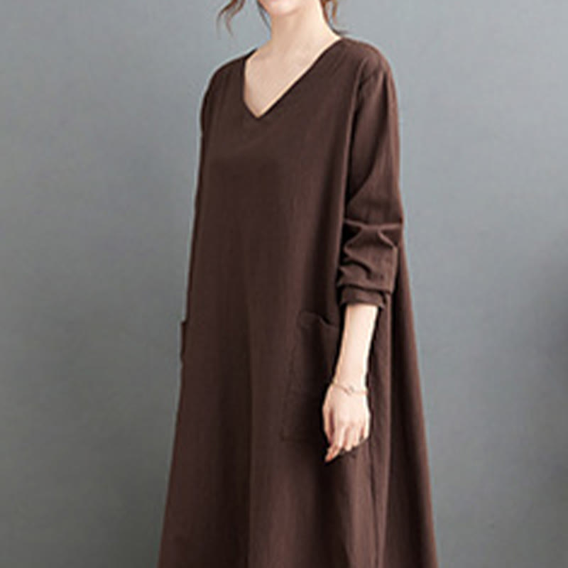 Robe longue décontractée en coton et lin à manches longues avec poches et motif Buddha Stones - image 4
