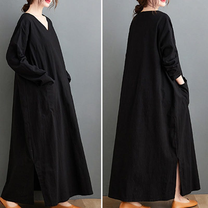 Robe longue décontractée en coton et lin à manches longues avec poches et motif Buddha Stones - image 14