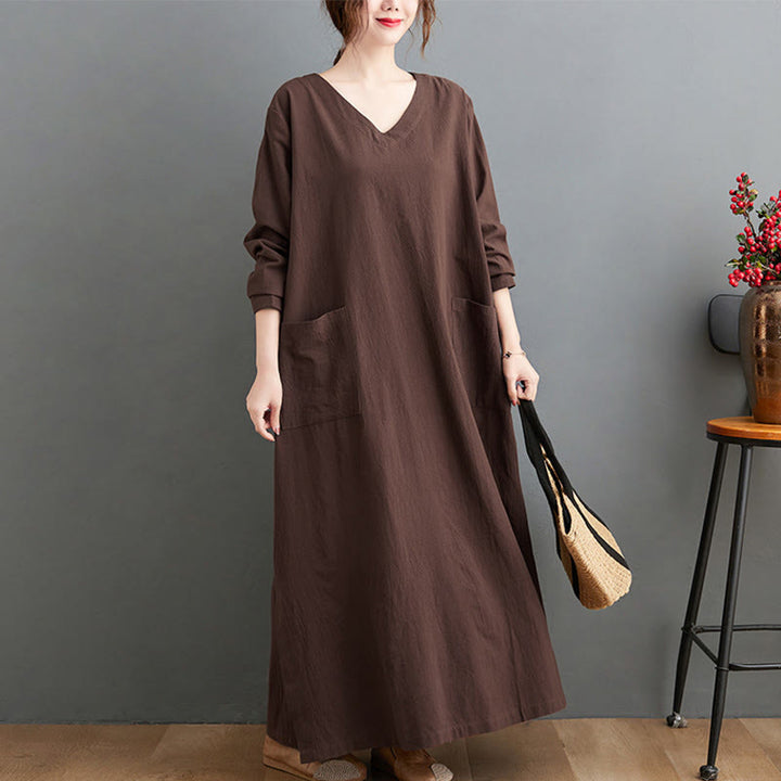 Robe longue décontractée en coton et lin à manches longues avec poches et motif Buddha Stones - image 3
