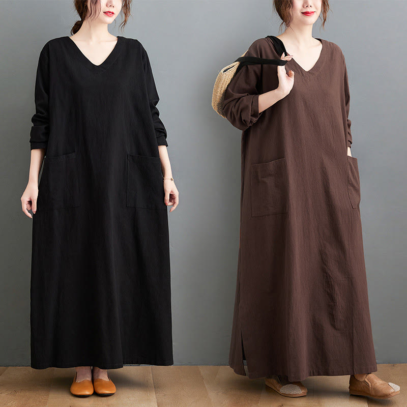 Robe longue décontractée en coton et lin à manches longues avec poches et motif Buddha Stones - image 18
