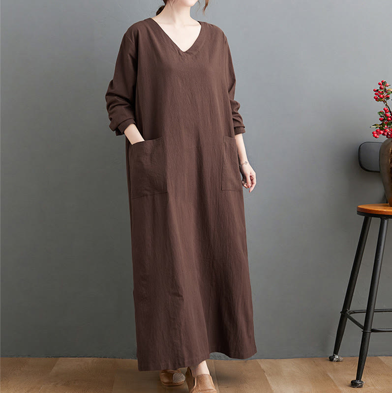 Robe longue décontractée en coton et lin à manches longues avec poches et motif Buddha Stones - SaddleBrown - US4-8/10，UK/AU8-12/14，EU36-40/42(F) - image 0