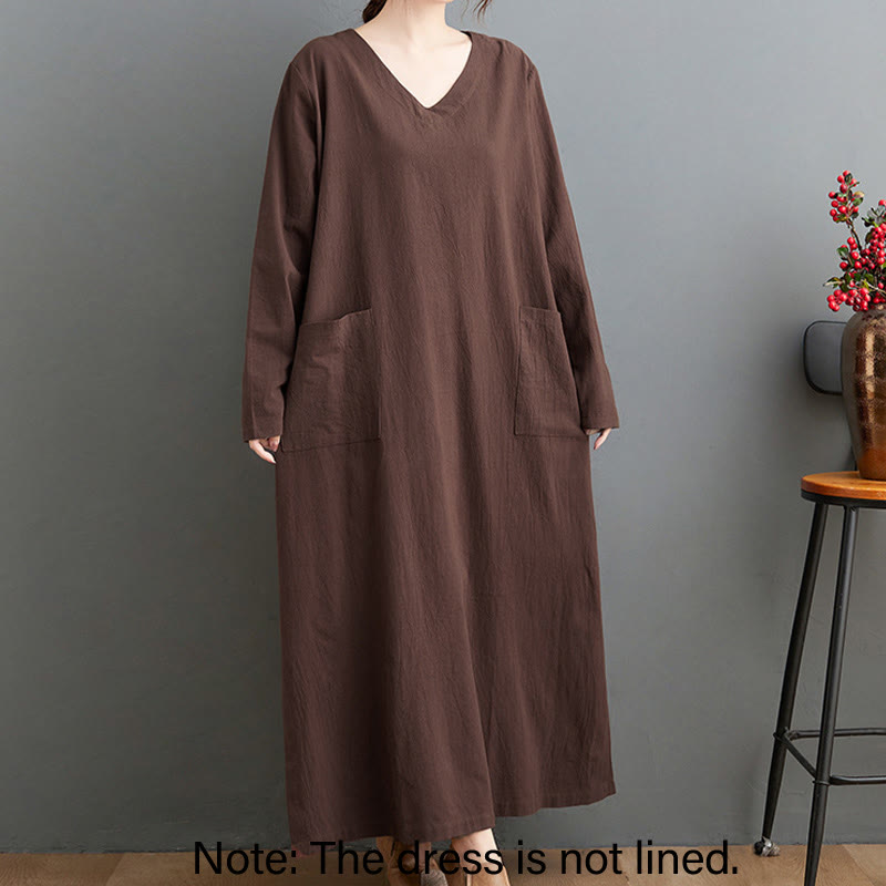 Robe longue décontractée en coton et lin à manches longues avec poches et motif Buddha Stones - image 1