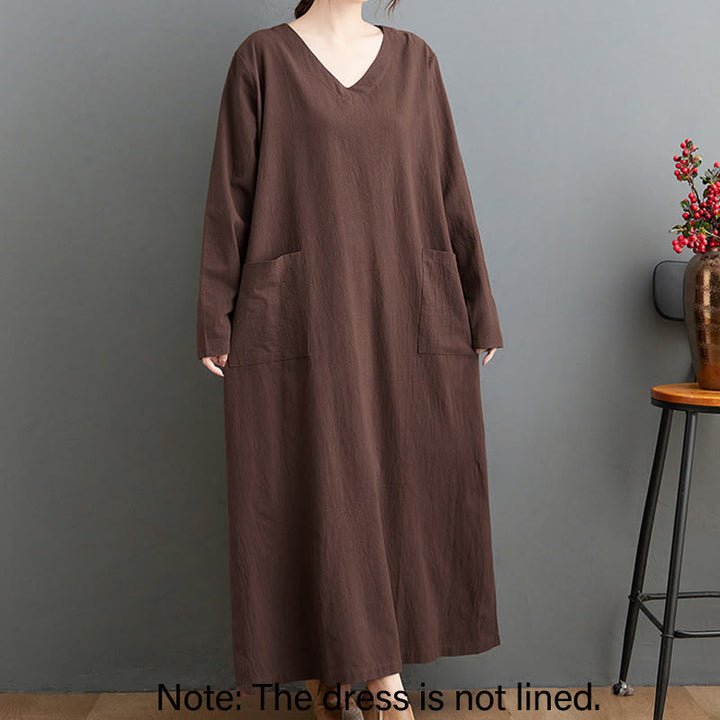 Robe longue décontractée en coton et lin à manches longues avec poches et motif Buddha Stones - image 1