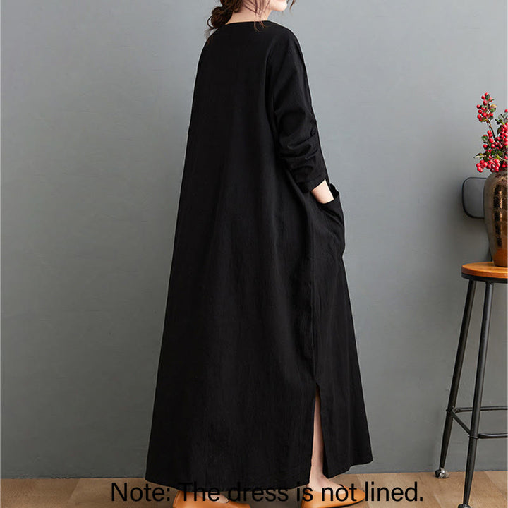 Robe longue décontractée en coton et lin à manches longues avec poches et motif Buddha Stones - image 6