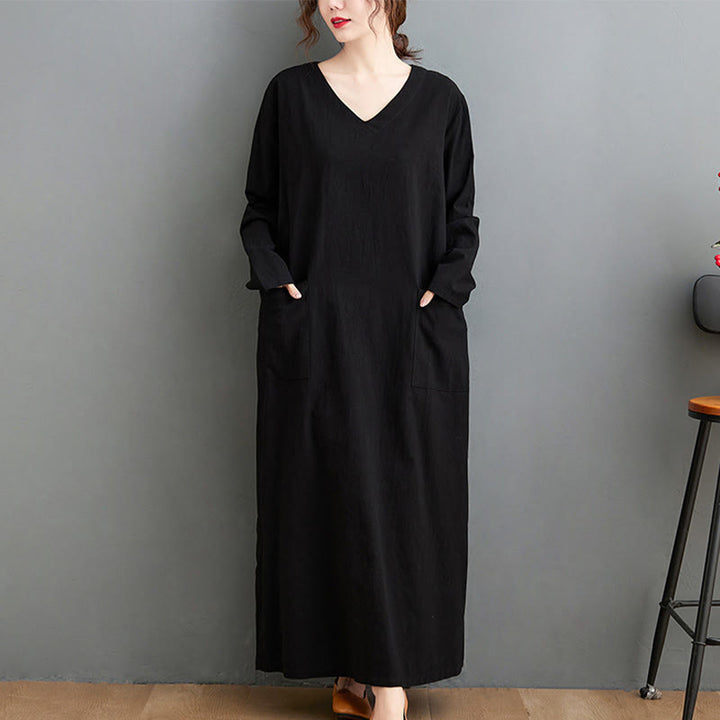 Robe longue décontractée en coton et lin à manches longues avec poches et motif Buddha Stones - Noir - US4-8/10，UK/AU8-12/14，EU36-40/42(F) - image 5