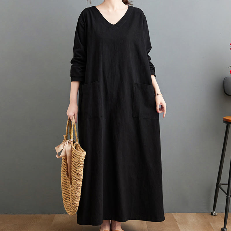 Robe longue décontractée en coton et lin à manches longues avec poches et motif Buddha Stones - image 8