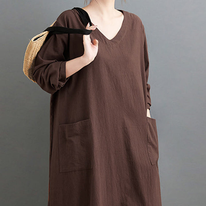 Robe longue décontractée en coton et lin à manches longues avec poches et motif Buddha Stones - image 4