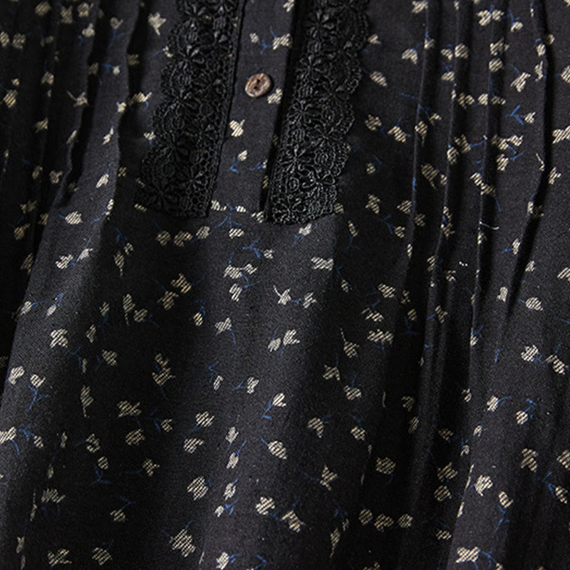 Robe mi-longue en coton et lin à manches longues et poches, avec boutons et revers en dentelle et imprimé Buddha Stones - image 9