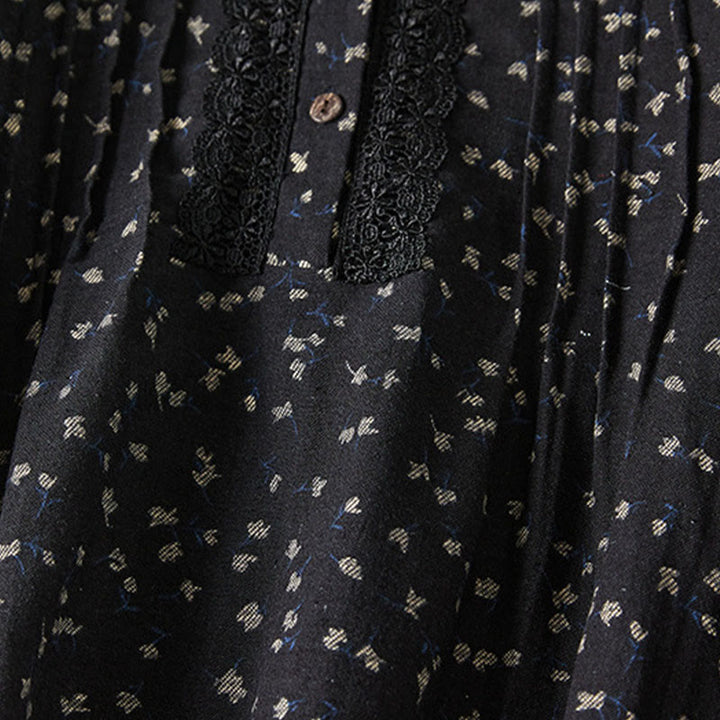 Robe mi-longue en coton et lin à manches longues et poches, avec boutons et revers en dentelle et imprimé Buddha Stones - image 9