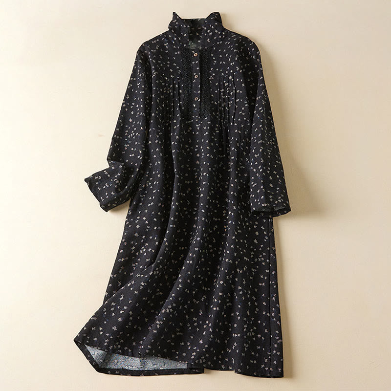 Robe mi-longue en coton et lin à manches longues et poches, avec boutons et revers en dentelle et imprimé Buddha Stones - Noir - US8-10，UK/AU12-14，EU40-42 (2XL) - image 1