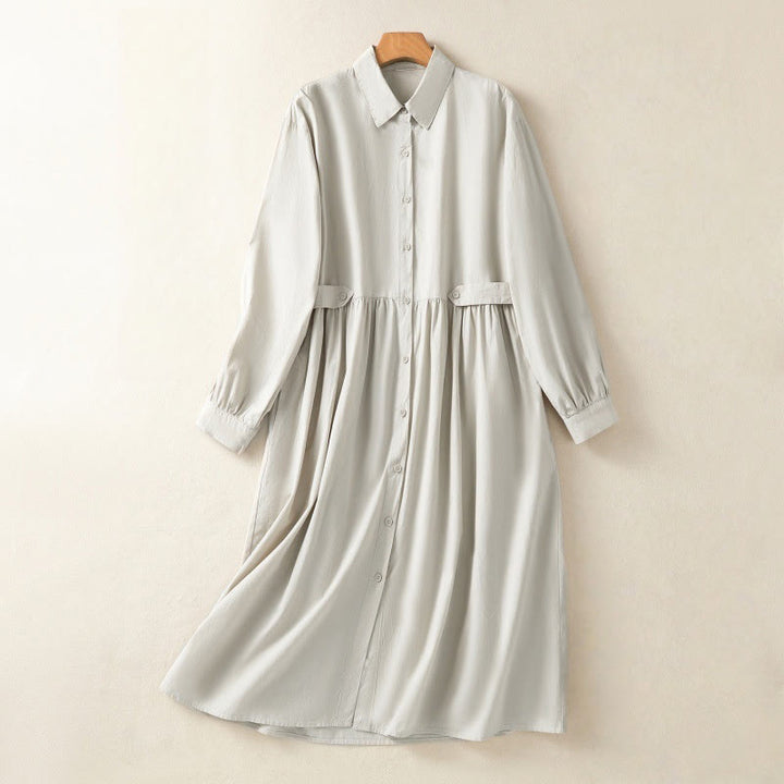Robe midi Buddha Stones à carreaux, plissée et boutonnée, en coton, à manches longues et avec poches - Beige - US8-10，UK/AU12-14，EU40-42 (2XL) - image 1