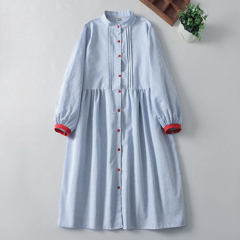 Robe mi-longue décontractée à carreaux Buddha Stones , manches longues lanternes, en coton et lin, avec poches - Bleu ciel clair - US8-10，UK/AU12-14，EU40-42 (2XL) - image 1