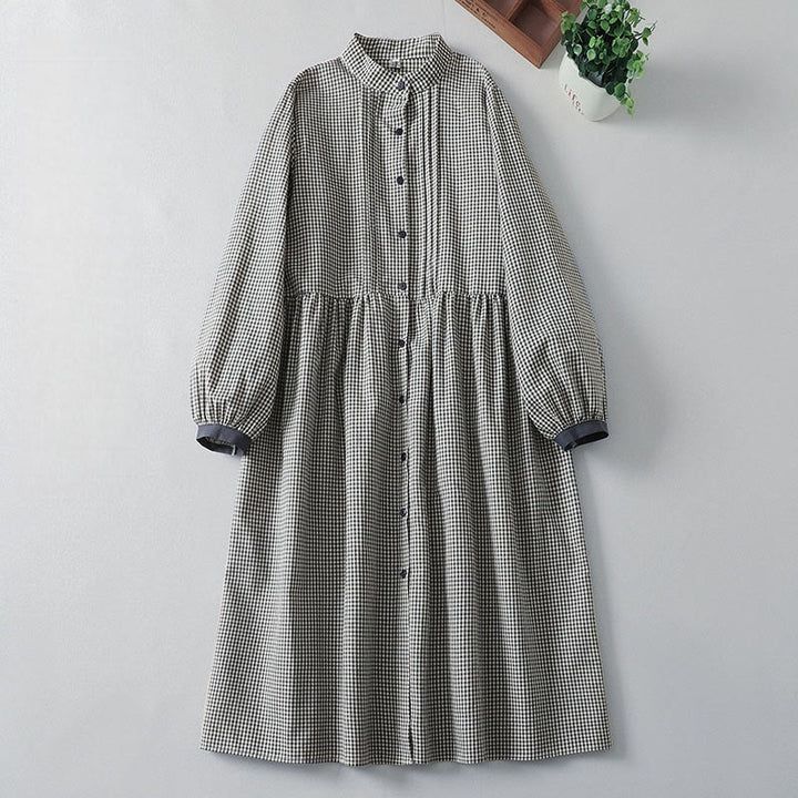 Robe mi-longue décontractée à carreaux Buddha Stones , manches longues lanternes, en coton et lin, avec poches - Noir - US8-10，UK/AU12-14，EU40-42 (2XL) - image 6