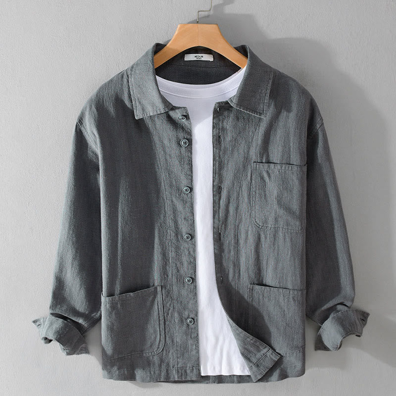 Chemise à manches longues en coton et lin avec poches pour homme, motif Buddha Stones Commute, à boutons unis - Gris ardoise - US/UK/AU42，EU52 (3XL) - image 10