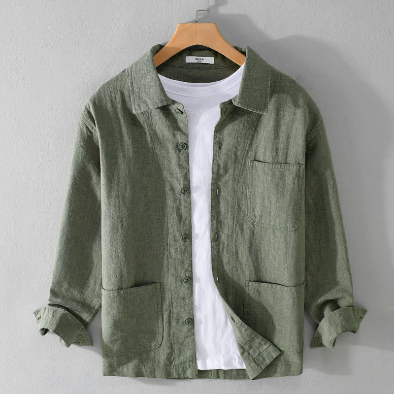 Chemise à manches longues en coton et lin avec poches pour homme, motif Buddha Stones Commute, à boutons unis - Vert mer moyen - US/UK/AU42，EU52 (3XL) - image 0