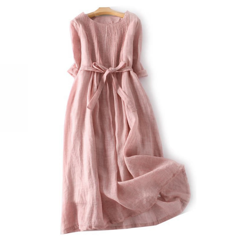 Robe mi-longue Buddha Stones en coton à lacets et col ras du cou, manches mi-longues, avec poches - Rose clair - US12，UK/AU16，EU44 (3XL) - image 1