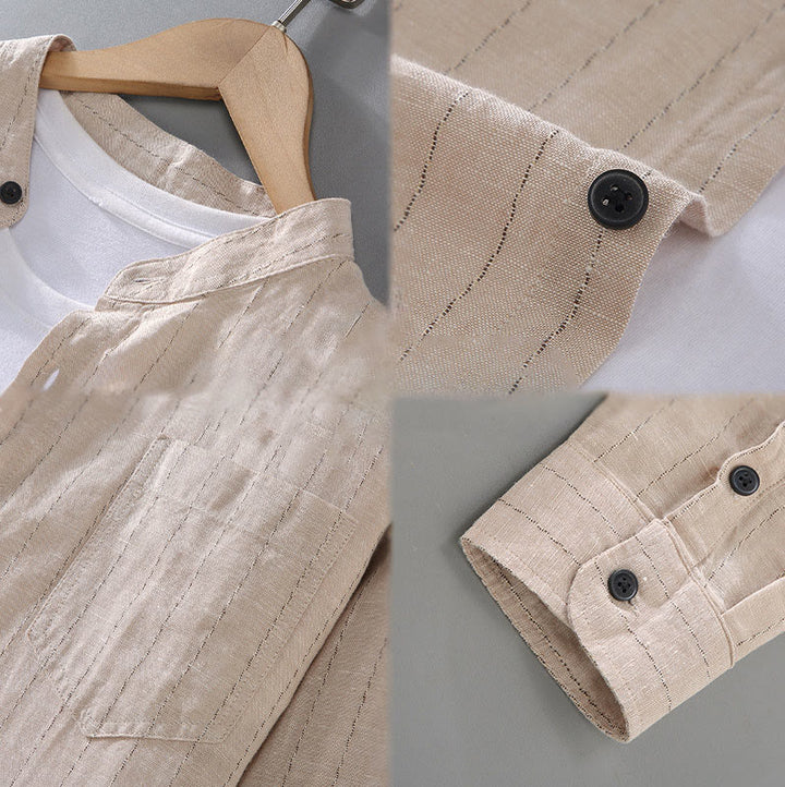 Chemise à manches longues en coton et lin à rayures pour homme, tenue quotidienne Tang avec Buddha Stones - image 11