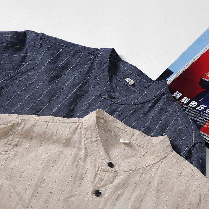 Chemise à manches longues en coton et lin à rayures pour homme, tenue quotidienne Tang avec Buddha Stones - image 13