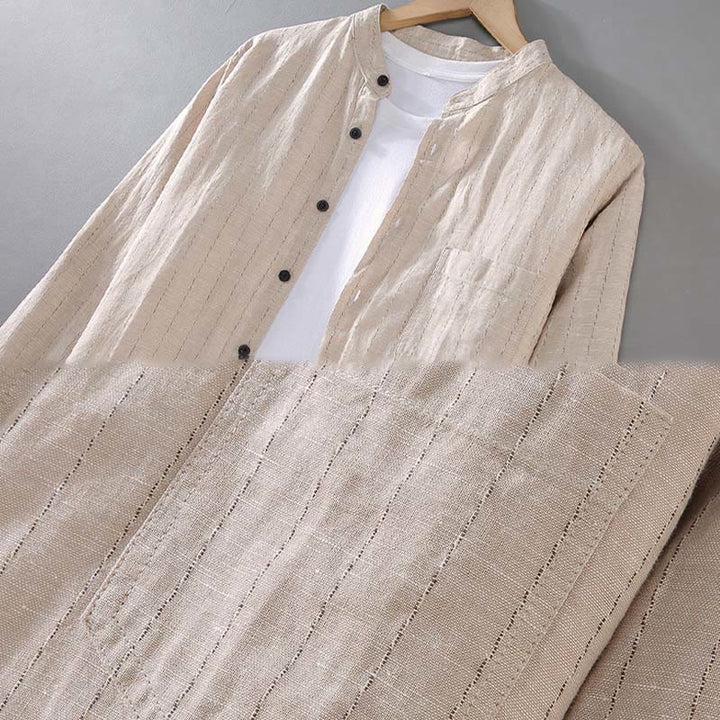 Chemise à manches longues en coton et lin à rayures pour homme, tenue quotidienne Tang avec Buddha Stones - image 7