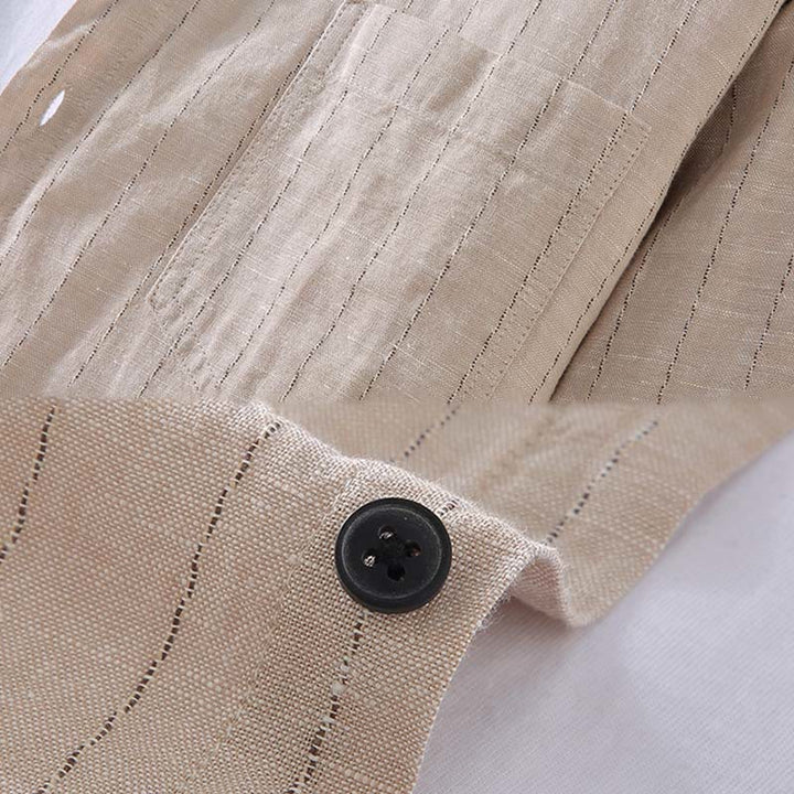 Chemise à manches longues en coton et lin à rayures pour homme, tenue quotidienne Tang avec Buddha Stones - image 4